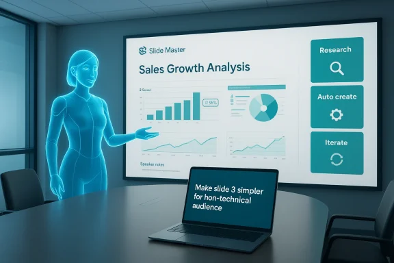 A holographic presenter explains a Sales Growth Analysis slide in a modern boardroom.