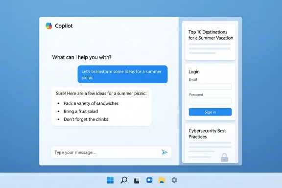 Copilot chat UI brainstorming ideas for a summer picnic, with a right-side article and login panel.