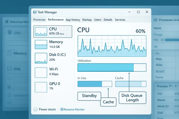 Windows Task Manager UI showing CPU usage at 60% with live performance graphs.