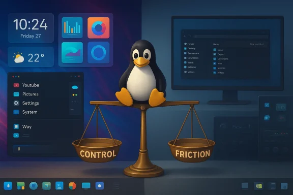 A penguin sits on a scale labeled Control and Friction, set against a Linux desktop.