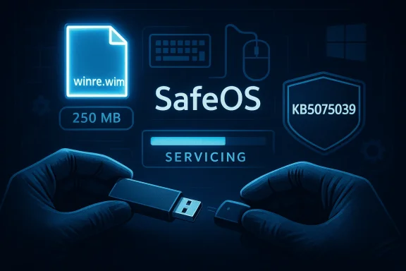 Blue, high-tech illustration of inserting a USB drive to service SafeOS (winre.wim, 250 MB).