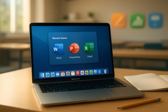 MacBook on a desk shows a Recent Items panel with Word, PowerPoint, and Excel icons.
