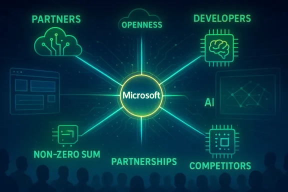 Microsoft sits at the center, linking partners, openness, developers, AI, and competitors.