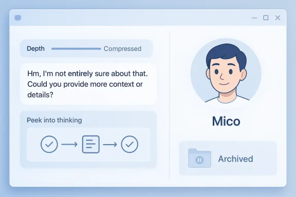 UI mockup showing a chat panel with a depth slider, Mico avatar, and an Archived card.