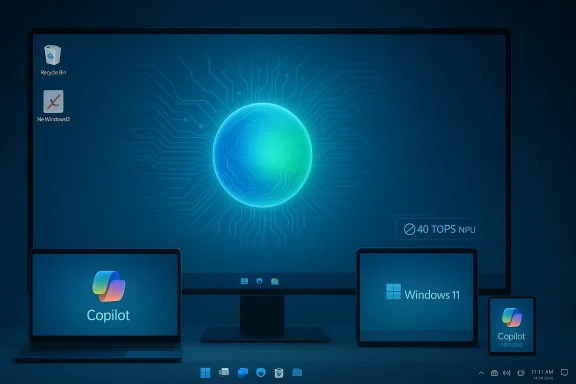 Futuristic AI Copilot ecosystem across Windows 11 devices with a glowing circuit globe.