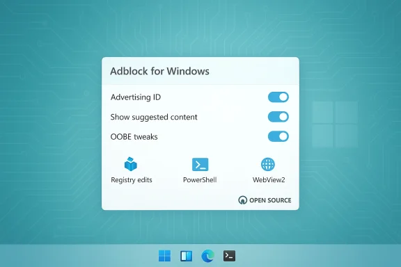 Mock UI: Adblock for Windows settings with three toggles and icons on a teal circuit background.