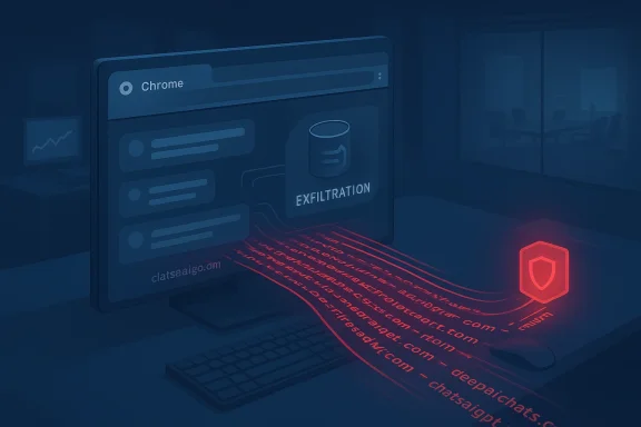 Chrome window showing EXFILTRATION as red data streams flow to a shield icon.