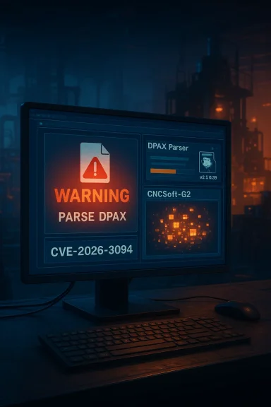 A computer monitor displays a WARNING: PARSE DPAX with CVE-2026-3094 in a dark industrial lab.