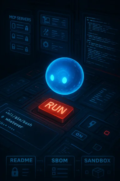 A glowing blue orb hovers above a red RUN button in a dark, sci‑fi control room.