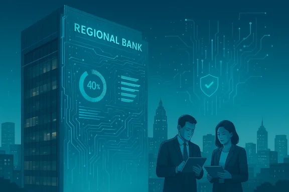 Executives review digital banking data beside a circuit-themed regional bank.