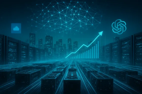 Blue-lit data center with a neon rising chart, network nodes, and cloud icons.