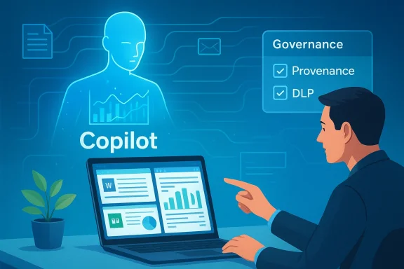 A person uses a laptop while a holographic Copilot guides governance and provenance checks.