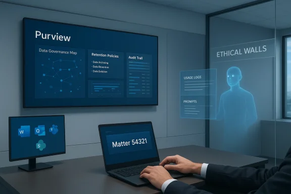 A person in a suit uses a laptop in a high-tech control room displaying Purview data governance dashboards.