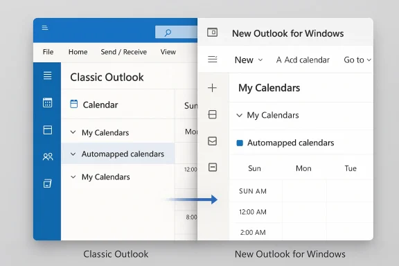 Side-by-side comparison of Classic Outlook and New Outlook for Windows UI.