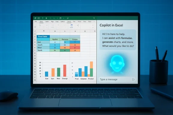 Laptop screen shows an Excel workbook with charts and a Copilot in Excel chat panel.