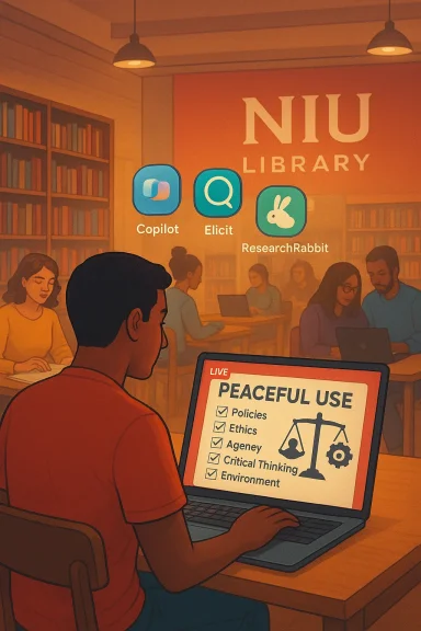 Student in NIU Library uses a laptop; slide reads Peaceful Use with Copilot, Elicit, and ResearchRabbit icons.
