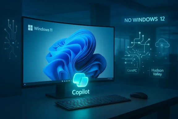 Windows 11 desktop featuring a glowing Copilot hologram with a No Windows 12 backdrop.