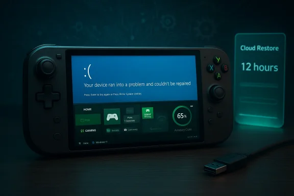 A handheld gaming console shows a Windows crash screen with a sad emoticon, beside a glowing Cloud Restore sign.