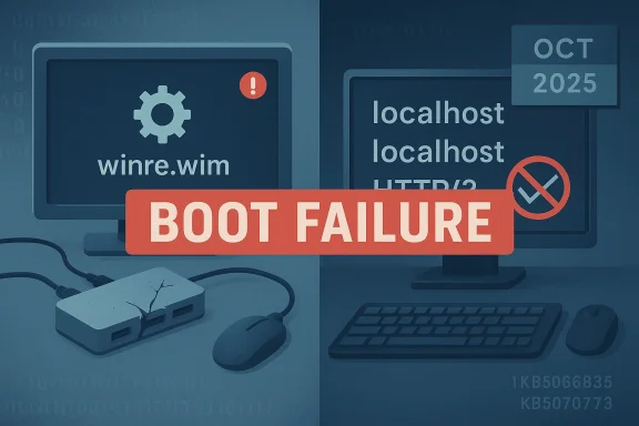 Two monitors display a bold BOOT FAILURE banner over WinRE and localhost messages.
