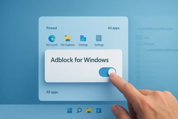 Finger toggling Adblock for Windows on a pinned apps panel.