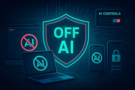 Neon shield displays OFF AI amid no-AI icons on devices, signaling AI controls.