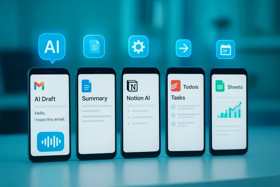 Row of smartphones displaying AI-powered apps (AI Draft, Summary, Notion AI, Tasks, Sheets) with glowing icons.