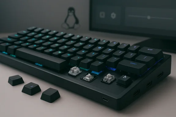 A black mechanical keyboard with exposed switches and blue backlighting, with loose keycaps nearby.