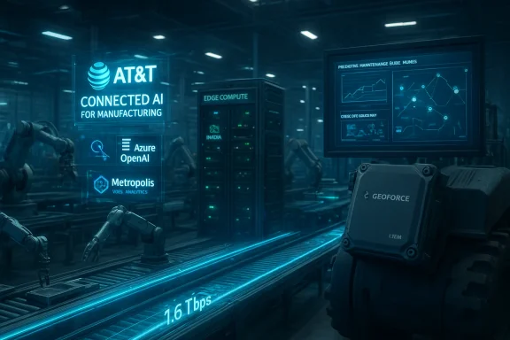 AI-powered manufacturing floor with robotic arms, server racks, and a large analytics display.