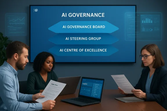 Team discusses AI governance structure—board, steering group, and centre of excellence—on screen.