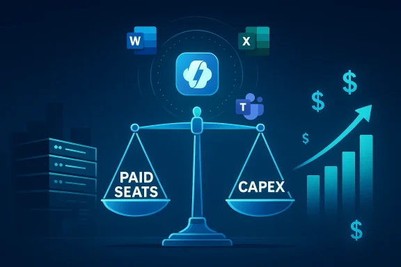 Blue financial balance scale comparing “PAID SEATS” vs “CAPEX” amid rising profits and software logos.