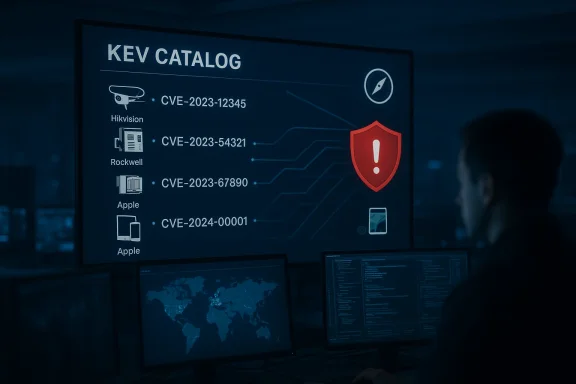 A security analyst monitors a KEV catalog on a large screen showing CVEs and a shield icon.