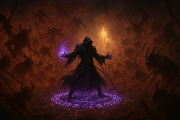 Dark hooded sorcerer channels purple magic within a glowing ritual circle, surrounded by demonic figures.