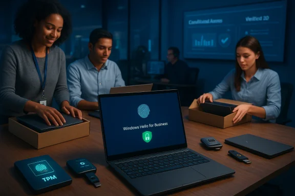 Team members unbox and set up Windows Hello for Business hardware in a modern office.