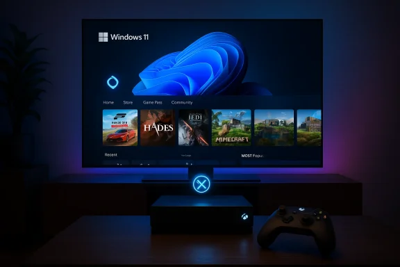 A cozy gaming setup with Windows 11 on the screen, an Xbox Series X, glowing logo, and controller.
