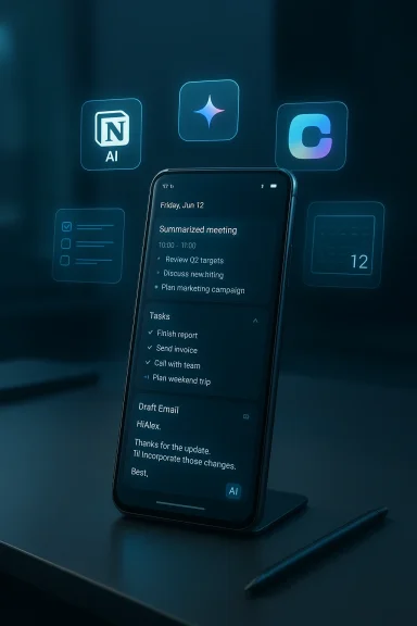 Smartphone on a desk shows a meeting summary and tasks, with glowing AI icons hovering above.