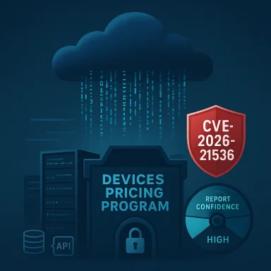 Cybersecurity illustration of a cloud, devices pricing program, CVE shield, and high report confidence.