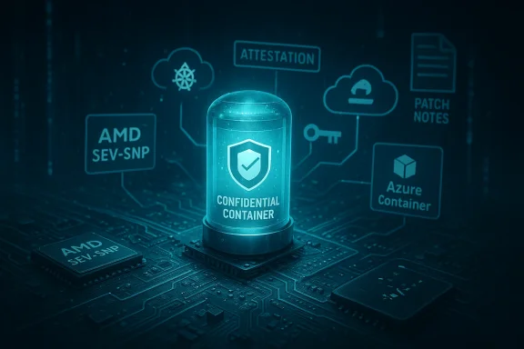 A glowing “Confidential Container” capsule sits on a circuit board, symbolizing secure computing.