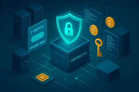 Glowing shield lock protects a confidential box amid servers and floating coins.