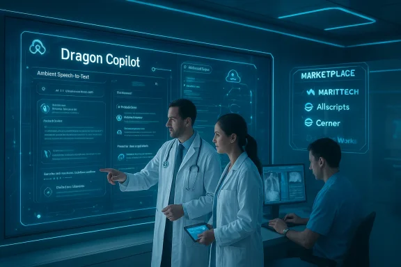 Medical team uses Dragon Copilot holographic interface in a blue-lit high-tech control room.