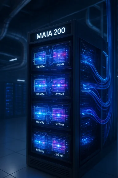 MAIA 200 data center rack glowing blue with HBM3e memory modules.