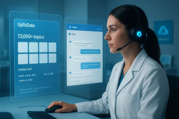 A medical professional wearing a headset studies holographic screens showing UpToDate topics and chat.