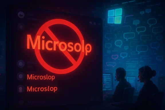 A neon red 'Microslop' sign with a prohibition circle in a blue, high-tech control room.