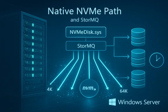 Diagram of the native NVMe path with StorMQ on Windows Server.
