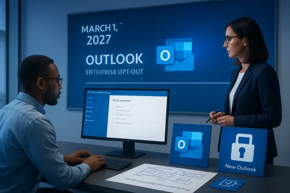 Two professionals review a March 1, 2027 Outlook migration plan on a large display.