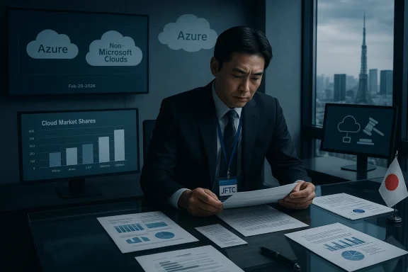 A businessman reviews cloud market reports in a Tokyo office.