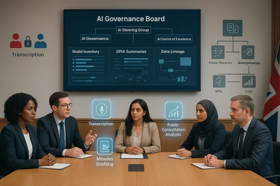 Diverse professionals in a boardroom discuss AI governance, with holographic workflow icons on the table.