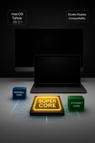 A dark tech scene shows a laptop with blue Performance Core, green Efficiency Core, and glowing Super Core chip.