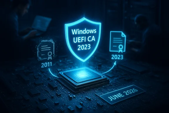 Glowing shield reading “Windows UEFI CA 2023” hovers above a motherboard chip.