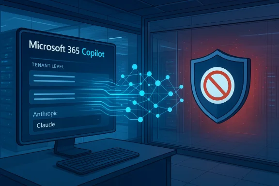 Microsoft 365 Copilot dashboard with tenant data flowing toward a security shield icon.