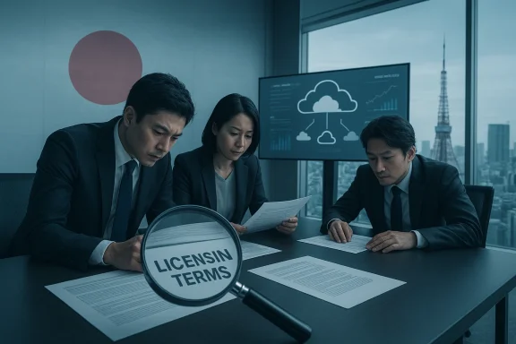 Three professionals review licensing terms at a conference table.
